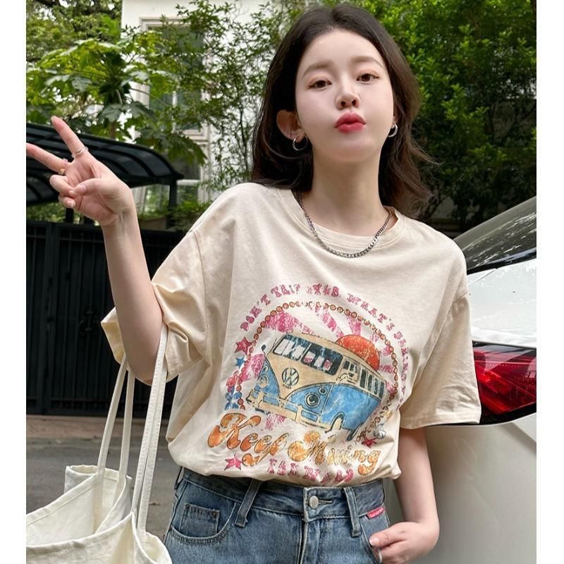 設計感甜辣妹印花正肩短袖t恤女夏小眾寬鬆大版休閒半袖港味上衣