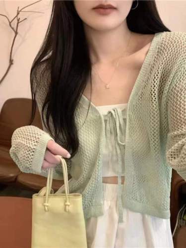 Spring and summer Korean style loose hollow design sun protection knitted long-sleeved cardigan women's outer top