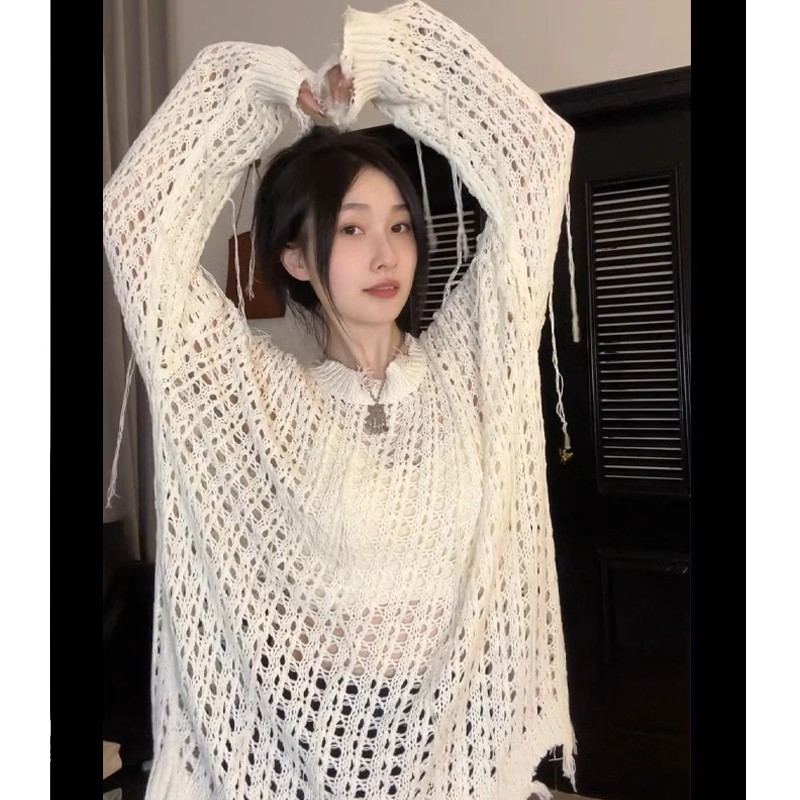 薄款長袖防曬罩衫女新款慵懶寬鬆鏤空針織衫冰絲流蘇長款毛線上衣