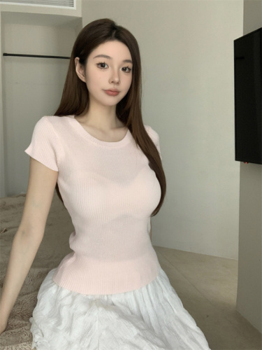 Real shot of knitted T-shirt women's summer slimming round neck pit short-sleeved bottoming top