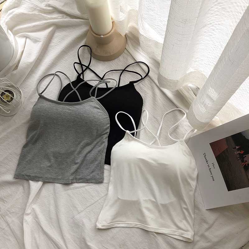 莫代爾面料韓風性感交叉露背修身吊帶背心女夏外穿帶胸墊