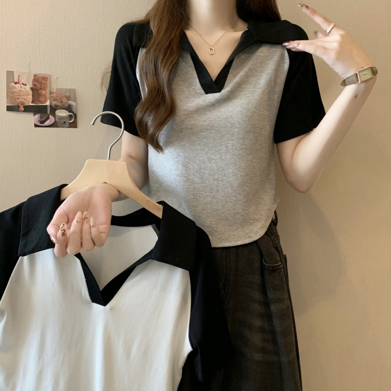 實拍 40支純棉 2024夏裝polo領短袖T恤女設計感小眾撞色短款上衣