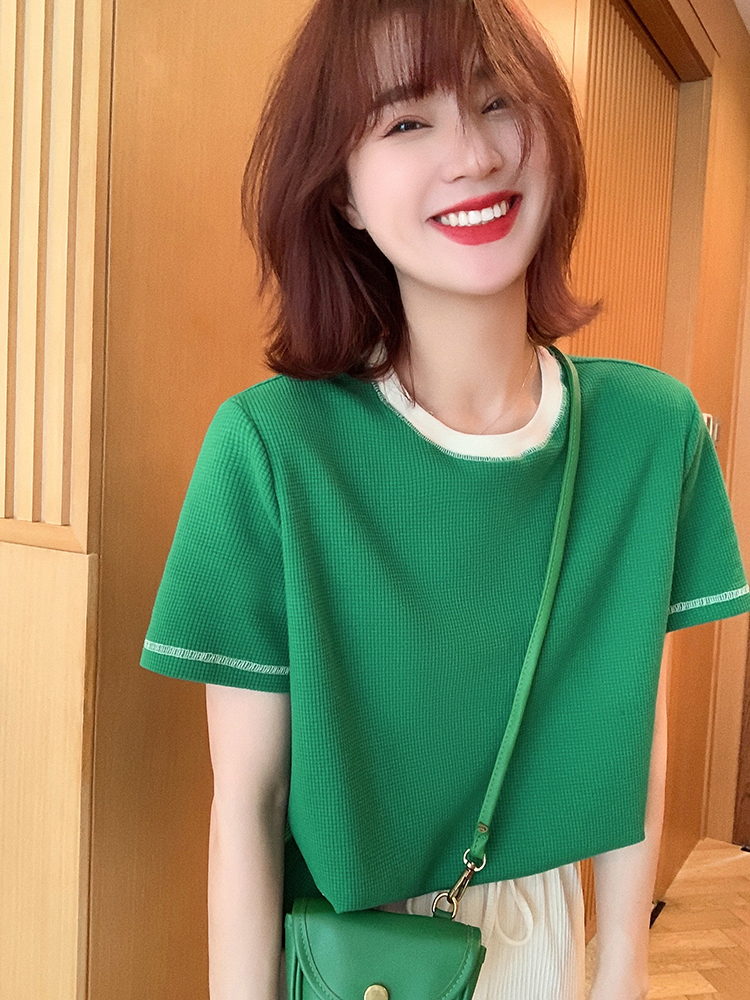 Xiaoguoli short-sleeved T-shirt for women ins trendy 2024 summer design niche pure cotton right shoulder slim top T-shirt
