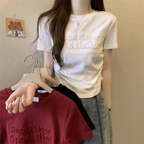 Burgundy short-sleeved T-shirt for women summer 2024 new design pleated slim waist short irregular top