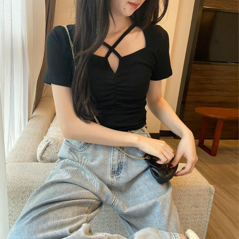 2024夏季新款韓版百搭式修身顯瘦方領性感短款氣質短袖T恤女上衣