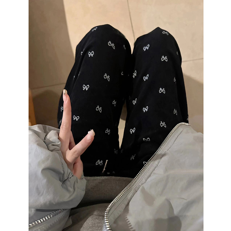 美式復古蝴蝶結燈芯絨闊腿褲子女春秋寬鬆高腰直筒休閒衛褲