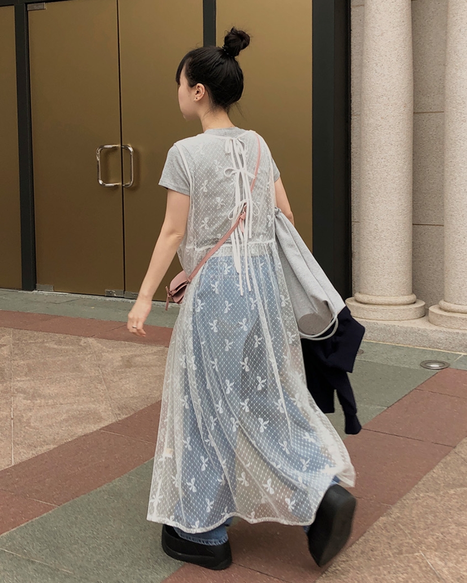 春夏新款~韓國ins網紗蕾絲蝴蝶結少女復古連衣裙無袖系帶長裙韓系