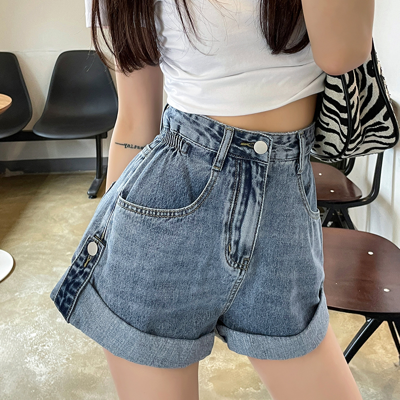 高腰復古闊腿牛仔短褲女2024夏季新款寬鬆百搭鈕扣小個子卷邊熱褲