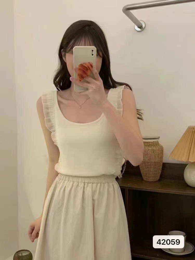 芭比姨同款2024夏季新款韓版甜美氣質U領蕾絲花邊背心