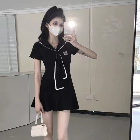 學院風海軍領披肩領帶連衣裙女純欲甜辣妹荷葉邊少女裙子