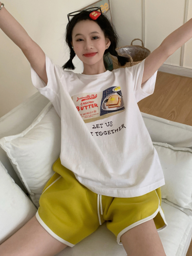 Real shot of design casual age-reducing letter printed round neck T-shirt summer new style women's Korean style all-match top