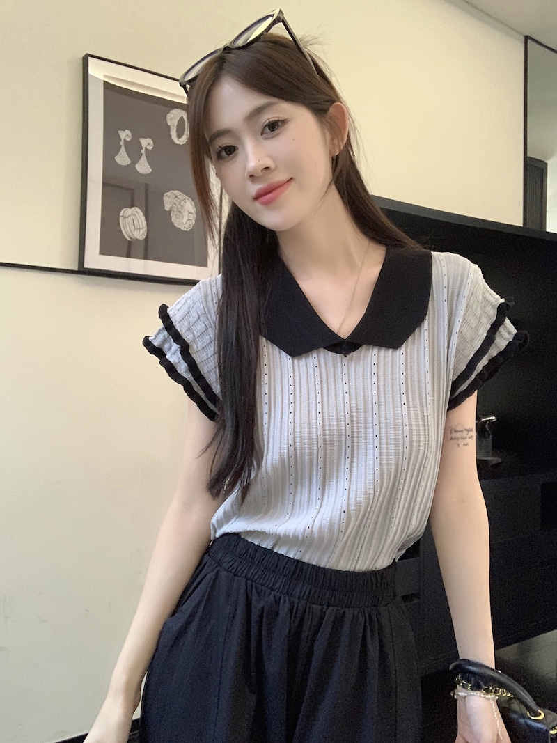法式氣質波浪邊短袖針織衫女夏季新款復古設計感小眾薄款短款上衣