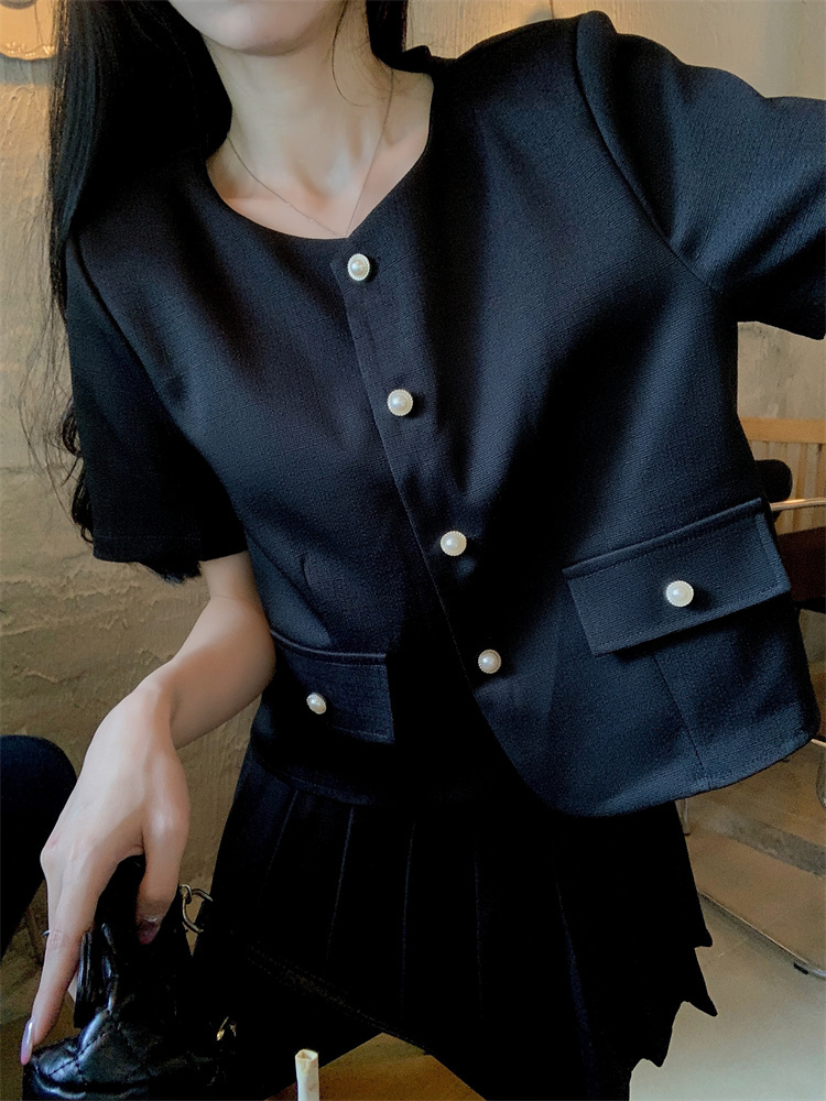 B018 real shot ~ plus size women's summer Korean style small fragrant style round neck single-breasted slimming loose short-sleeved jacket