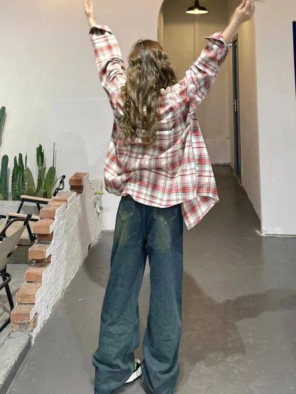 辣妹復古磨毛格紋長袖襯衫女冬季純欲慵懶風寬鬆休閒格子襯衣上衣