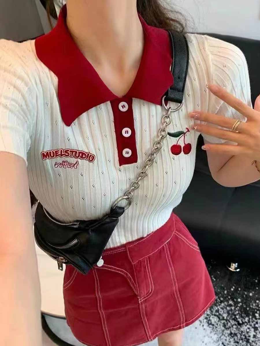 夏季新款時尚氣質Polo領日系娃娃領撞色繡花鏤空短袖上衣女毛織