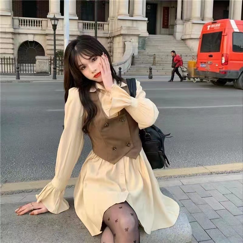 溫柔風長袖襯衫連衣裙套裝女春秋新款洋氣疊穿馬甲背心收腰短裙子