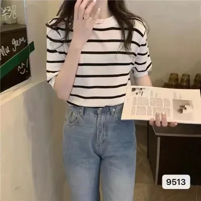 Round neck contrast striped short-sleeved sweater for women thin 2024 summer new sweet age-reducing slim fit short top