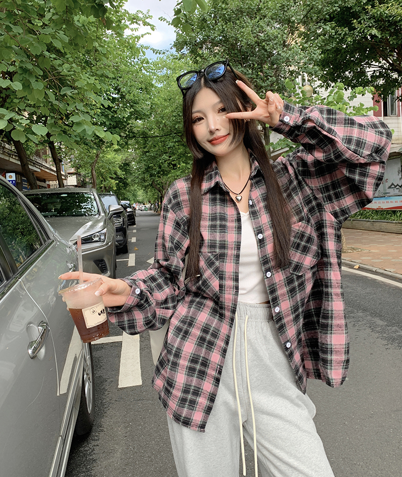 實拍  復古黑粉色格子襯衫外套女寬鬆慵懶風防曬襯衣上衣