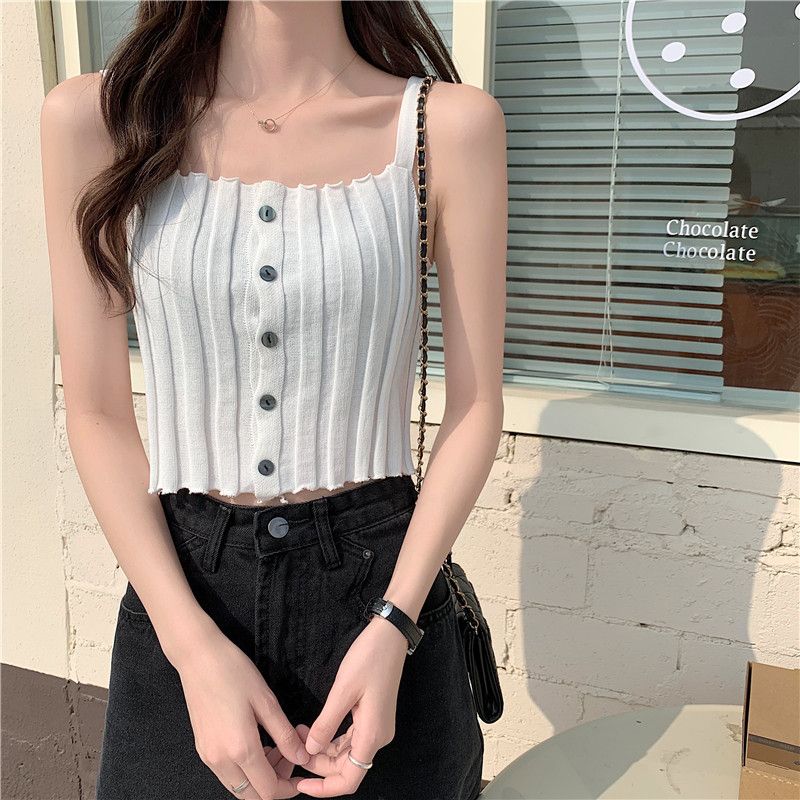 純色簡約單排扣吊帶背心女內搭韓版修身顯瘦百搭外穿短款打底上衣