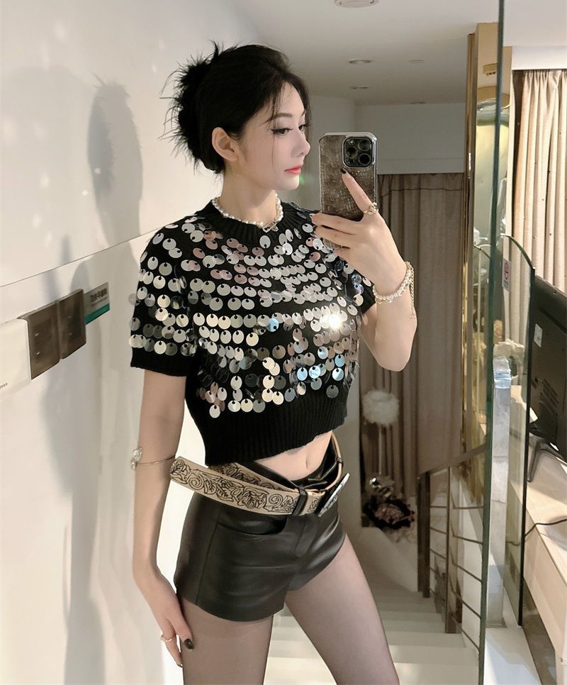 實拍2024年春夏秋款韓國東大門GLYP重工針織衫手工釘鑽珠片短袖女