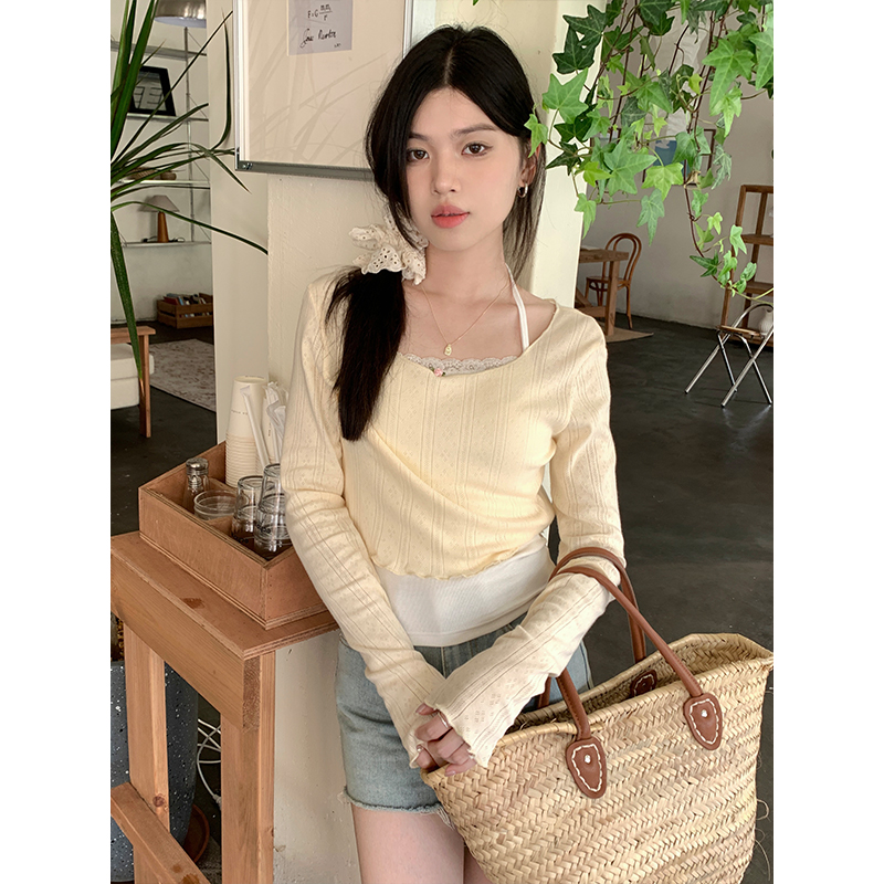 Actual shot of 2024 spring and summer gentle style long-sleeved short floral pure desire inner top Korean style fungus edge knitted blouse