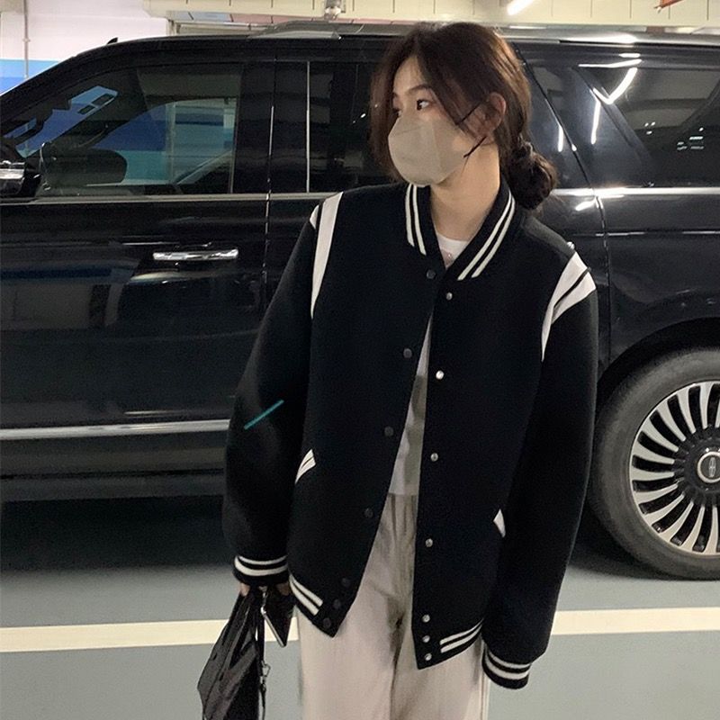 早安樊樊純棉拼皮撞色棒球服女秋冬寬鬆顯瘦溫柔風韓系休閒厚外套
