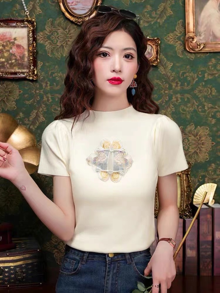 2024夏季新款中式國風半高領精美刺繡短袖上衣女