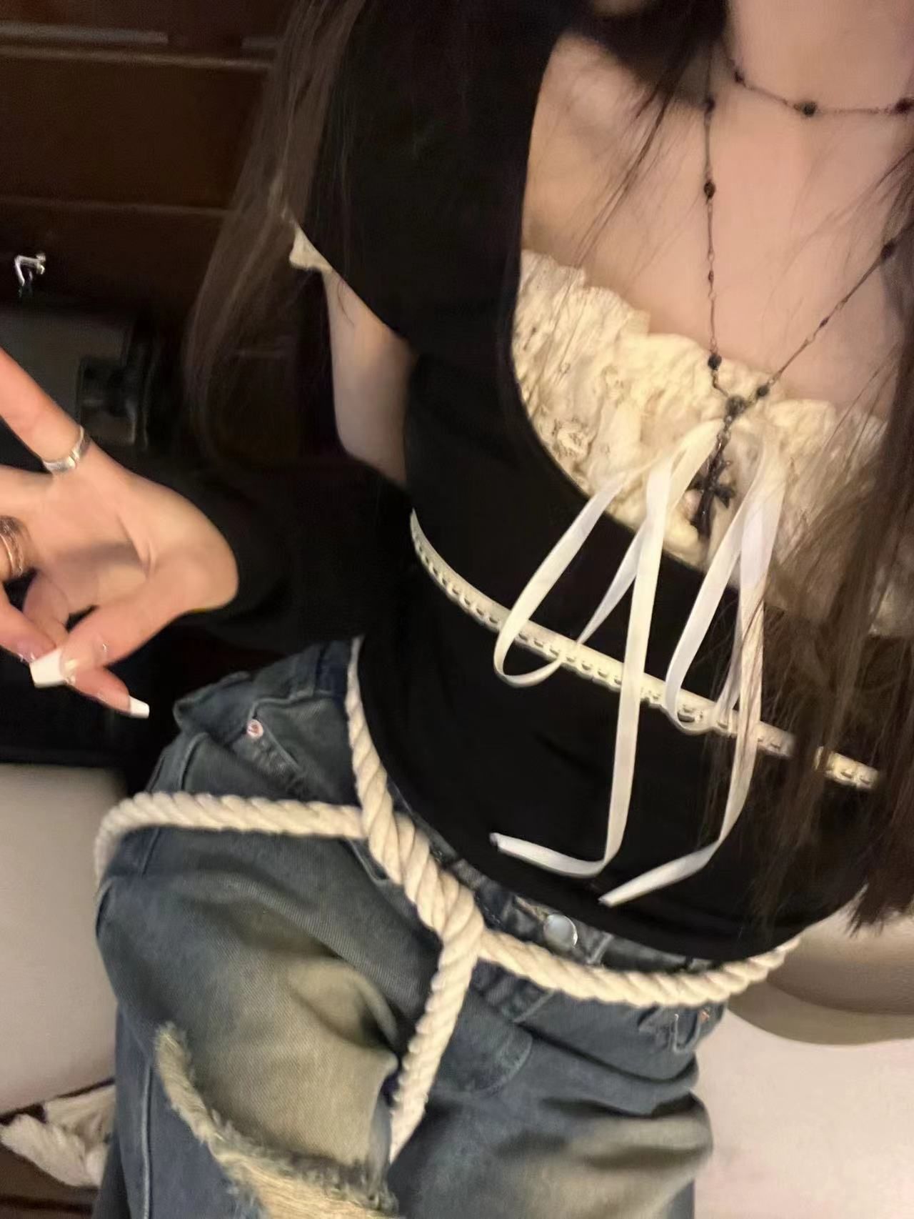 260克人棉 甜美蕾絲拼接系帶假兩件上衣女
