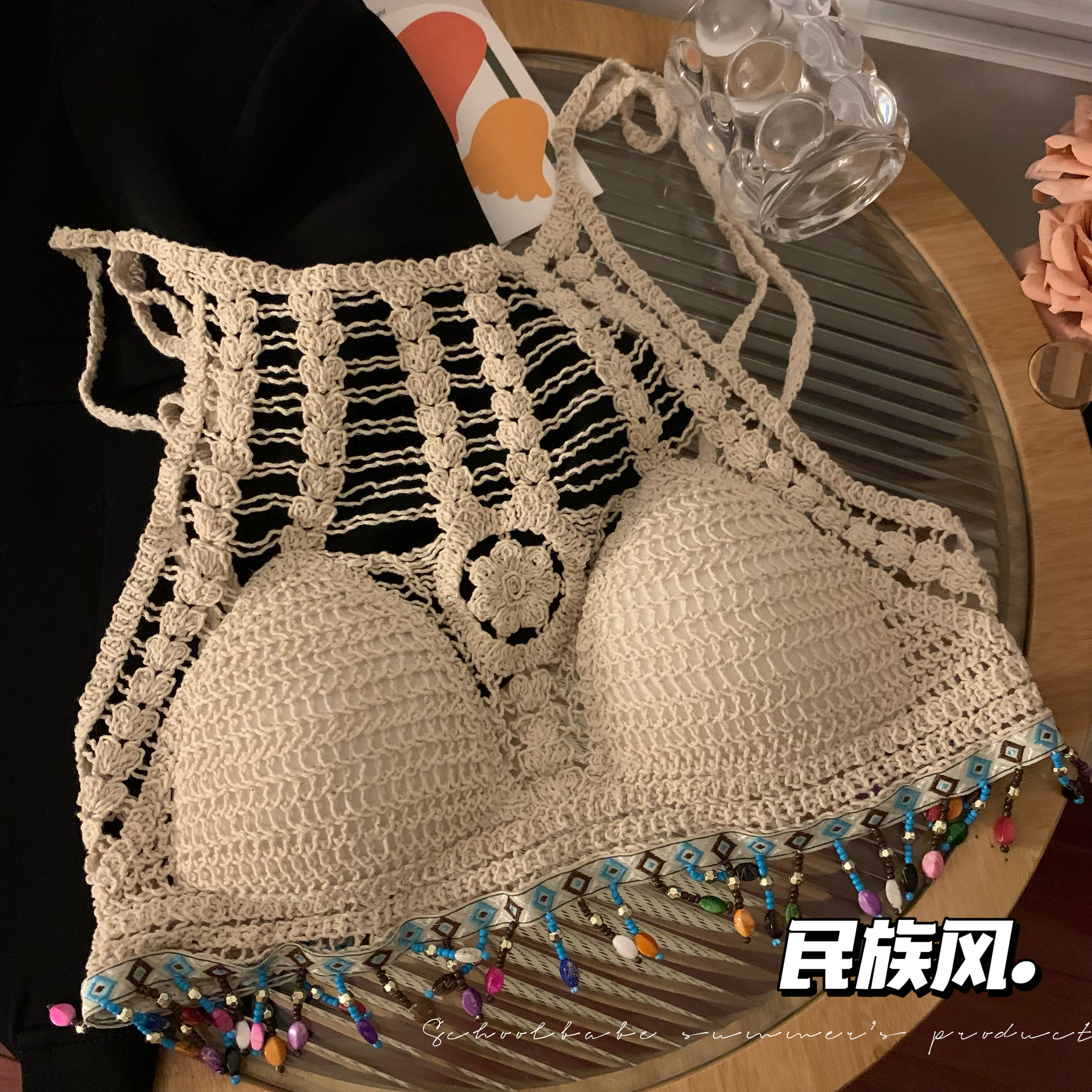 實拍度假純欲辣妹風編織吊帶背心外穿美背網紅帶胸墊上衣