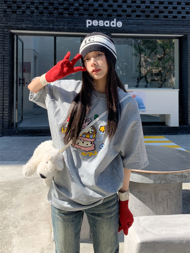 實拍 小熊蛋糕毛巾繡短袖t恤女夏季新款寬鬆純棉體恤