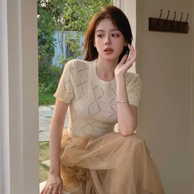 搭配紗裙的上衣女短款小眾法式設計感後背綁帶正肩T恤冰絲短袖夏