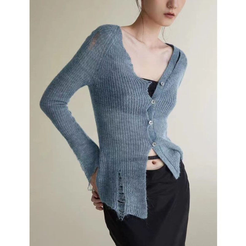 Spring and Autumn new style asymmetrical design knitted cardigan sweater women's thin outer wear irregular hole lazy style top