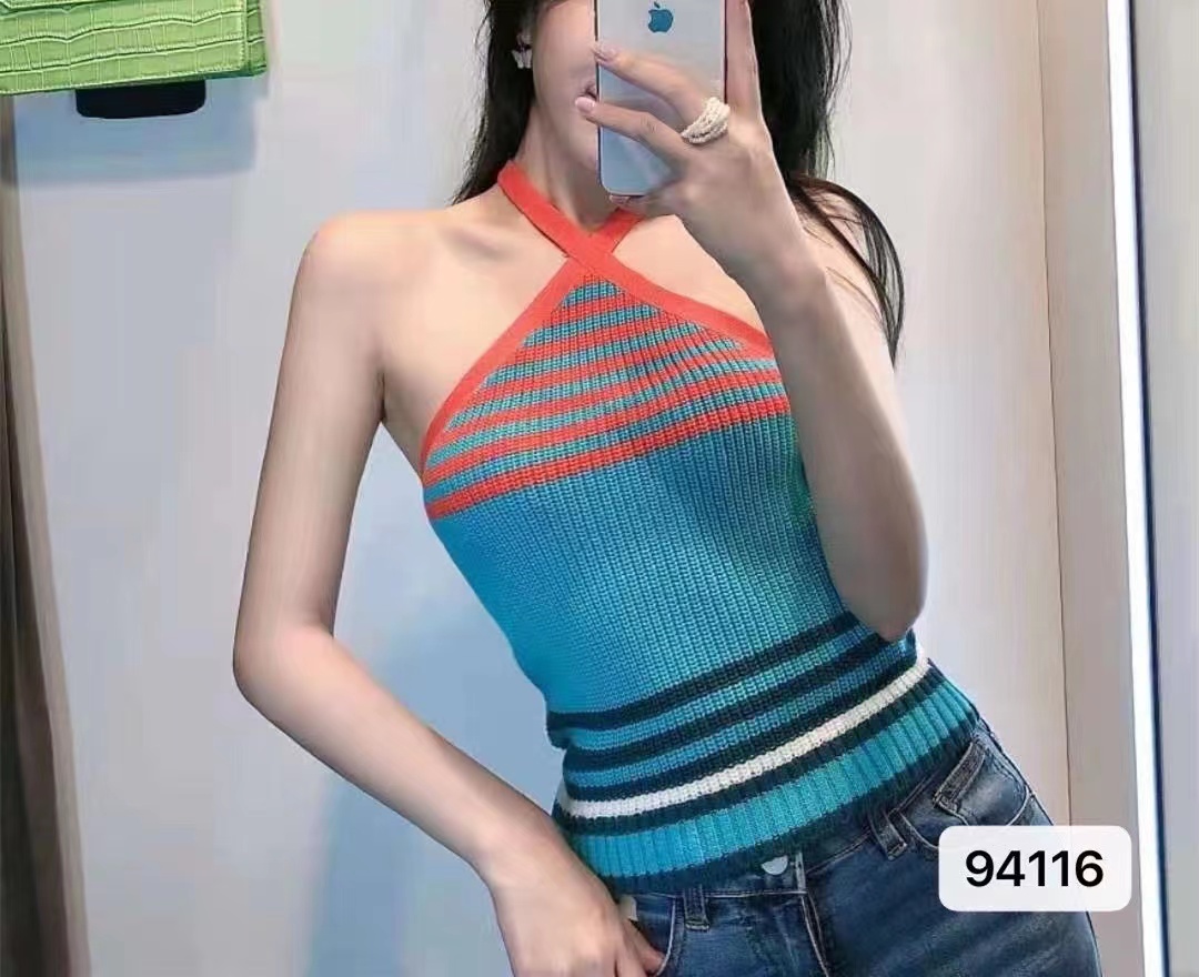 European and American clothing summer new fashion versatile sweet retro halter neck knitted color block backless slim slimming suspender belt