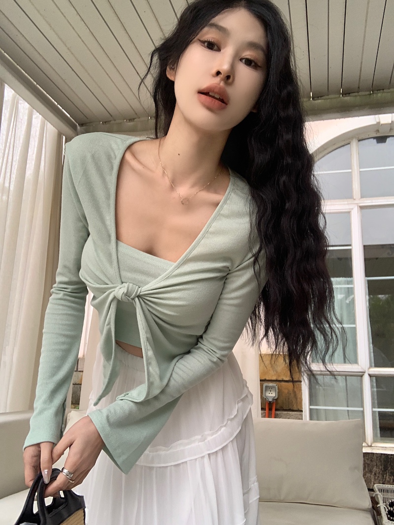 實拍 韓版修身顯瘦設計感兩穿辣妹T恤上衣+高腰雪紡半身裙