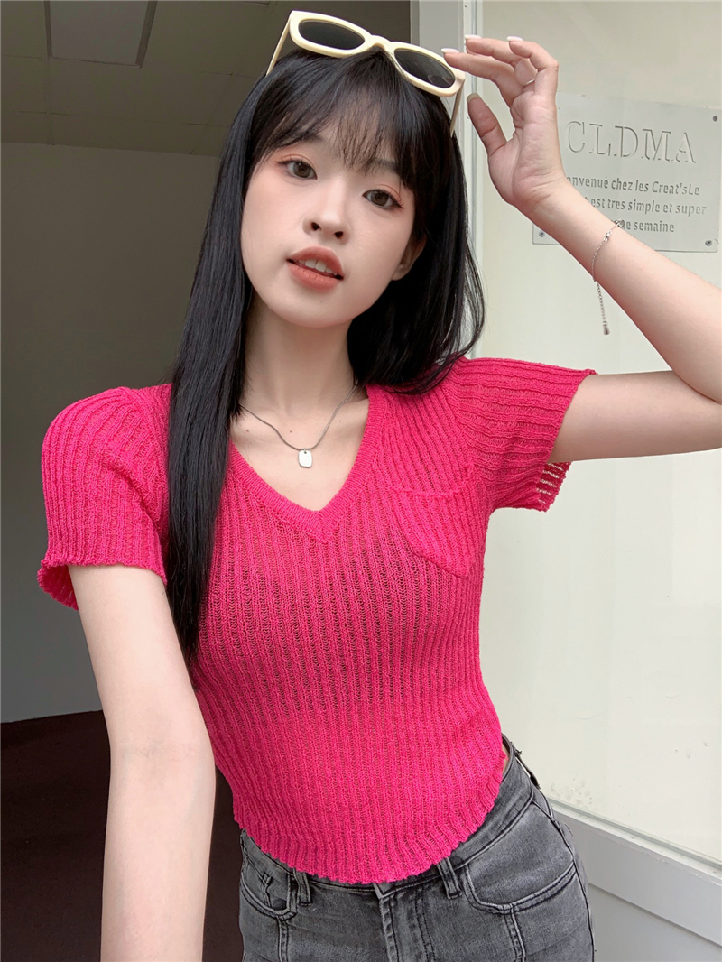 Real shot Slim slim solid color versatile V-neck short-sleeved knitted bottoming shirt T-shirt top for women