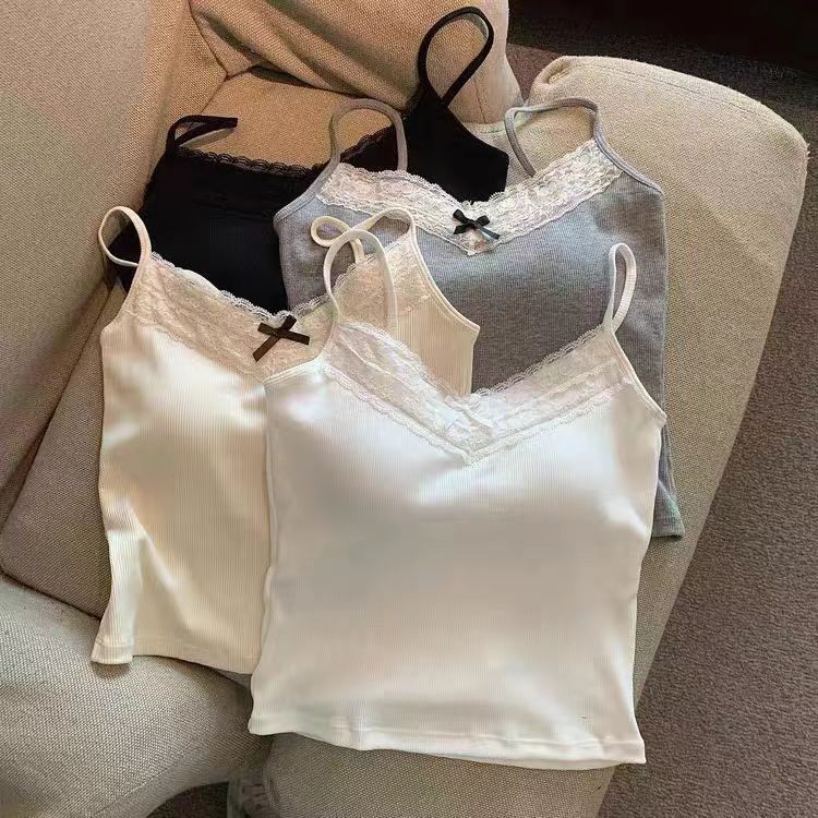 Jade Closet自留款推薦~高級感純欲風蕾絲拼接帶胸墊吊帶短背心女