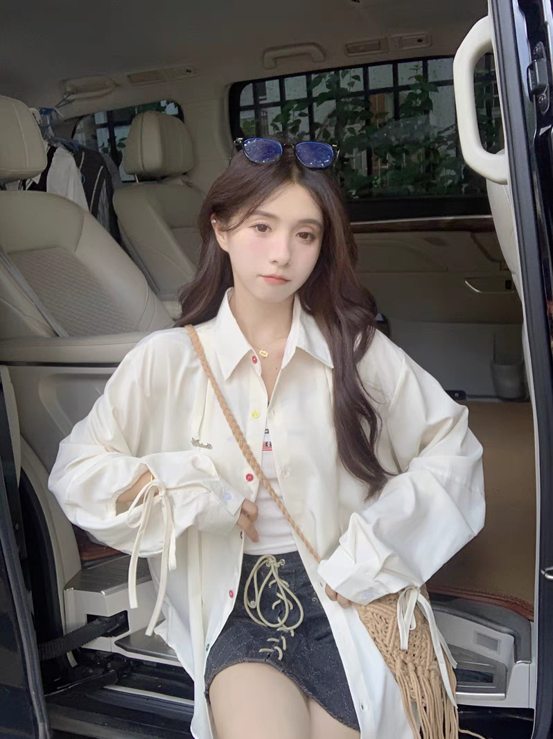 設計感小眾彩色紐扣長袖襯衫女2024新款系帶溫柔風寬鬆襯衣外套潮