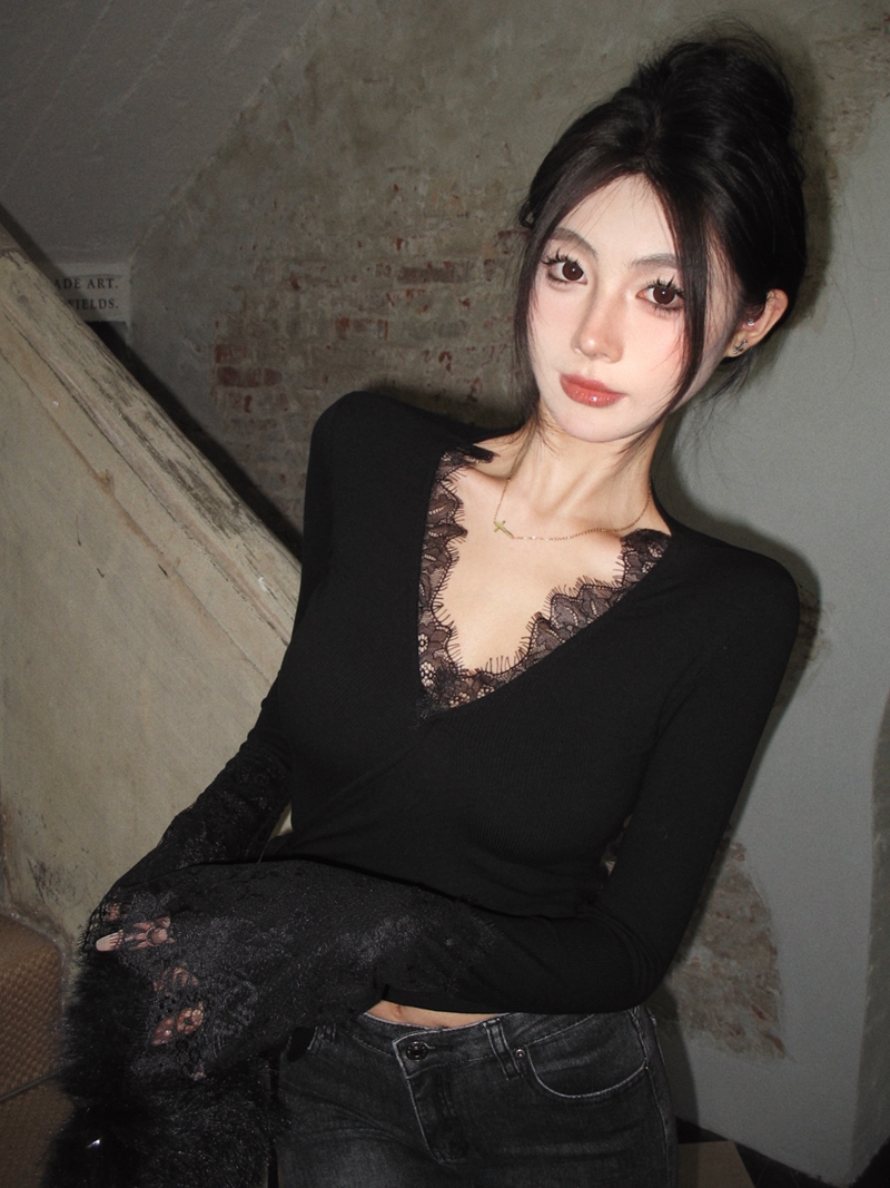 實拍純欲性感辣妹風V領蕾絲拼接綁帶上衣顯瘦長袖內搭打底衫