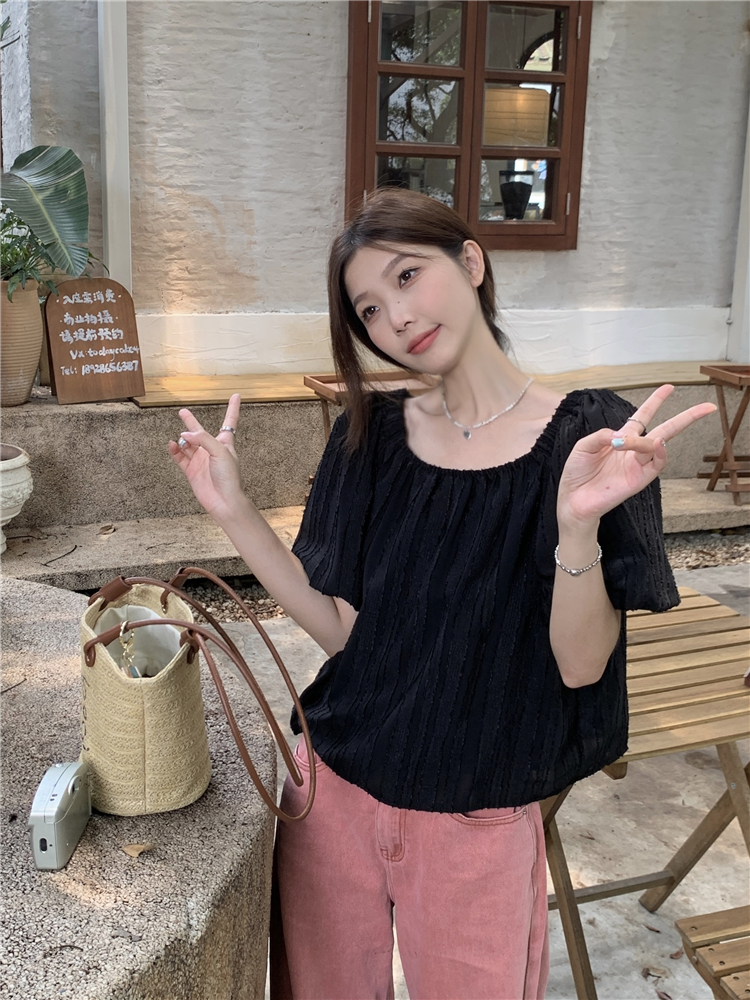 實拍！甜氧少女法式溫柔風方領泡泡袖襯衫寬鬆設計感小眾上衣
