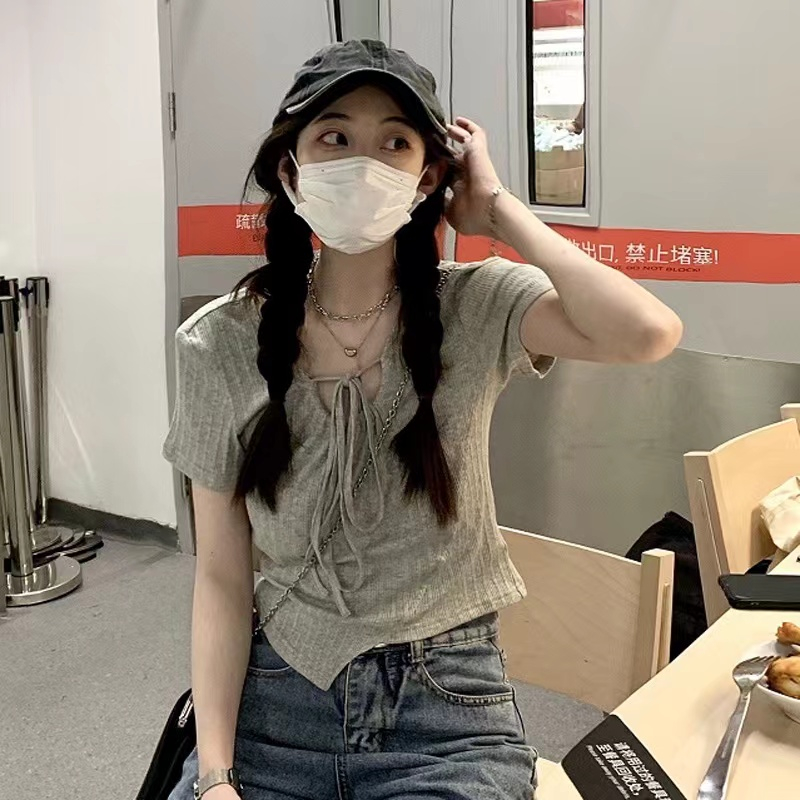 甜辣上衣女設計感綁帶不規則夏季短款2024新款時尚短袖T恤