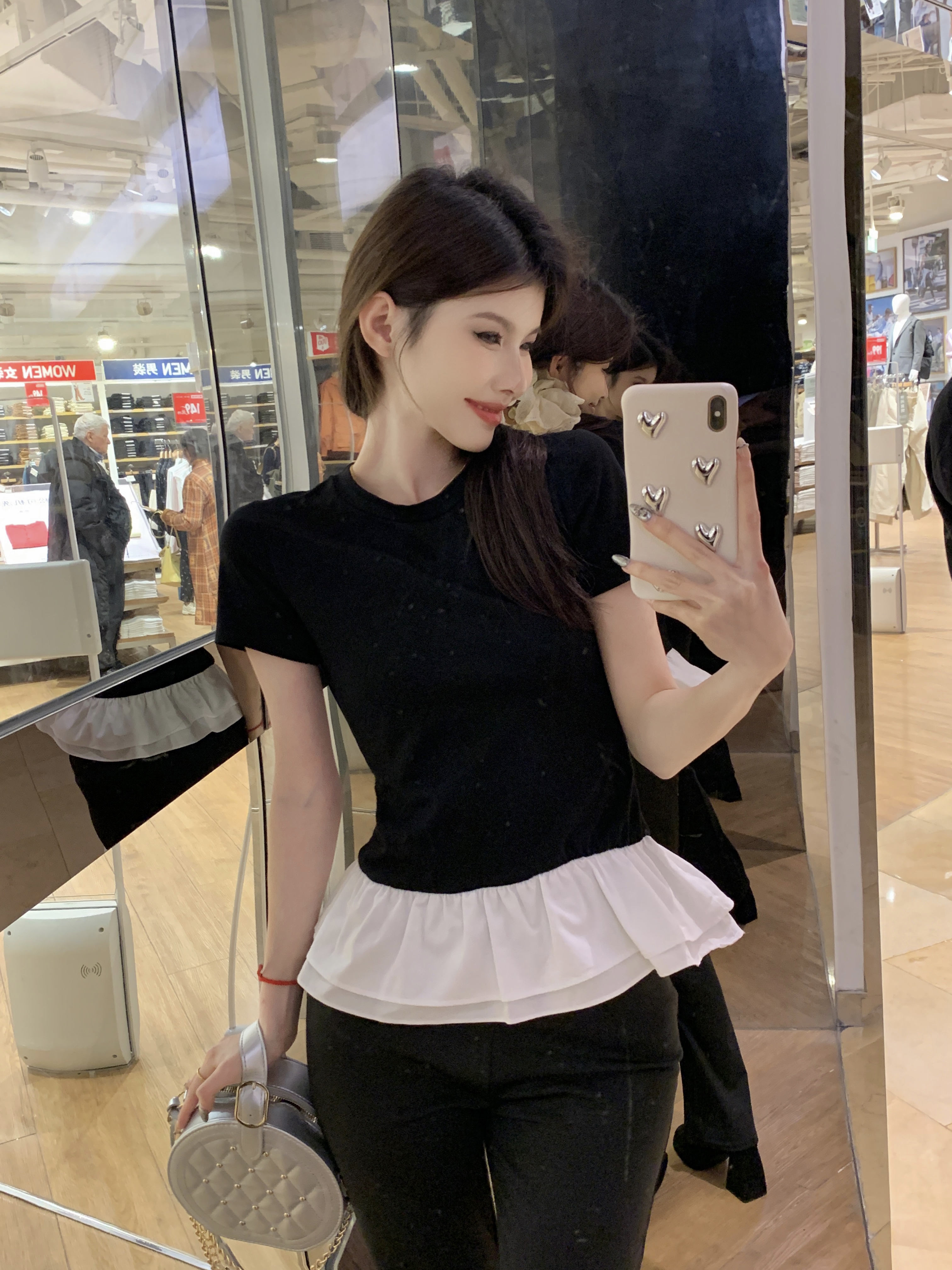 實拍 芭蕾甜豆小眾蓬蓬花邊拼接假兩件短袖T恤女圓領修身上衣