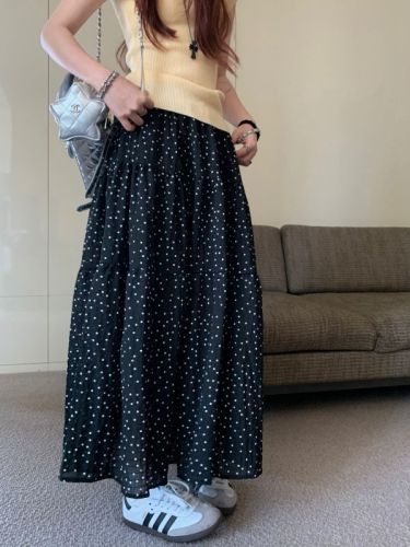 Actual shot 2024~early spring polka dot high waist skirt large hem A-line long skirt