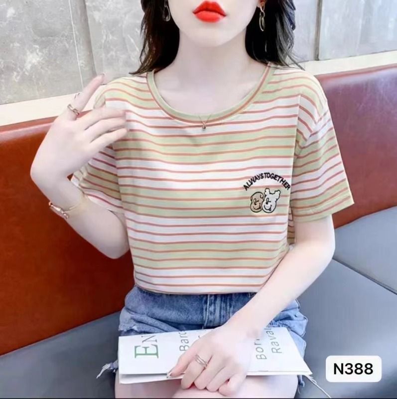 條紋圓領短袖棉t恤女蝴蝶刺繡夏裝新款上衣設計感小眾