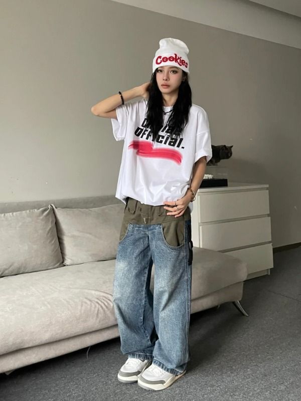 咕咕白 美式街頭字母印花短袖男女寬鬆圓領cleanfit情侶上衣夏新