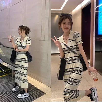 Wu 77 Korean style striped polo collar knitted dress, feminine, slim, vertical pit strip short-sleeved long skirt for summer