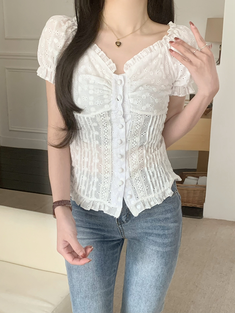實拍宮廷風小個子溫柔蕾絲泡泡袖襯衣女修身顯瘦短袖襯衫甜美上衣
