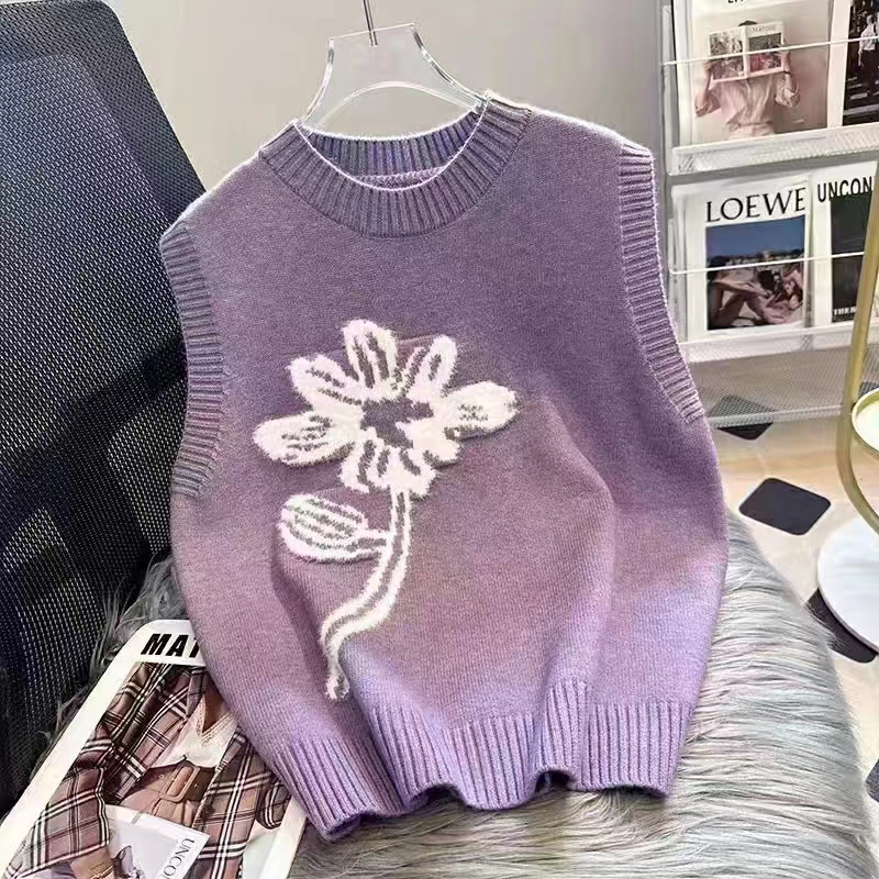 軟糯羊絨圓領針織無袖馬甲女春裝季新款復古刺繡百搭疊穿背心上衣