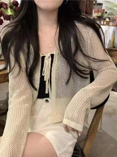 Spring and summer Korean style loose hollow design sun protection knitted long-sleeved cardigan women's outer top