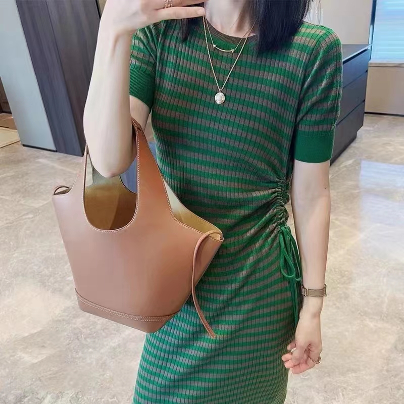 法式氣質長款修身顯瘦收腰裙子小香風包臀長裙條紋針織連衣裙女夏