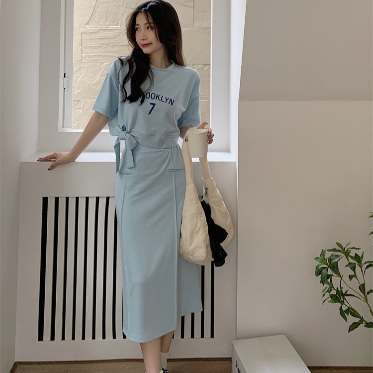 短款蝴蝶結短袖T恤時尚套裝女夏季新款甜美鹽系半身裙兩件套